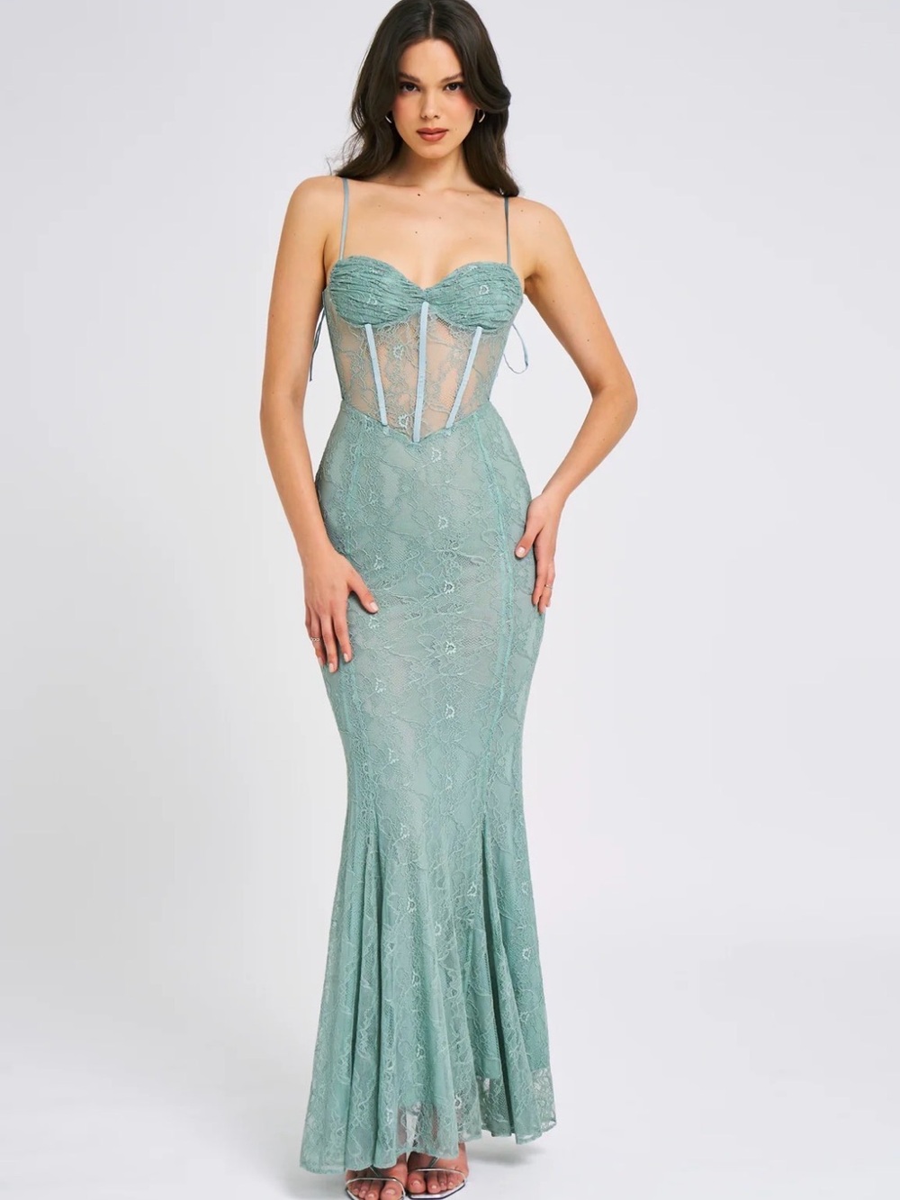 NWT Miss Circle Janelle Green Sweetheart Mermaid Lace Maxi Dress, Size Small